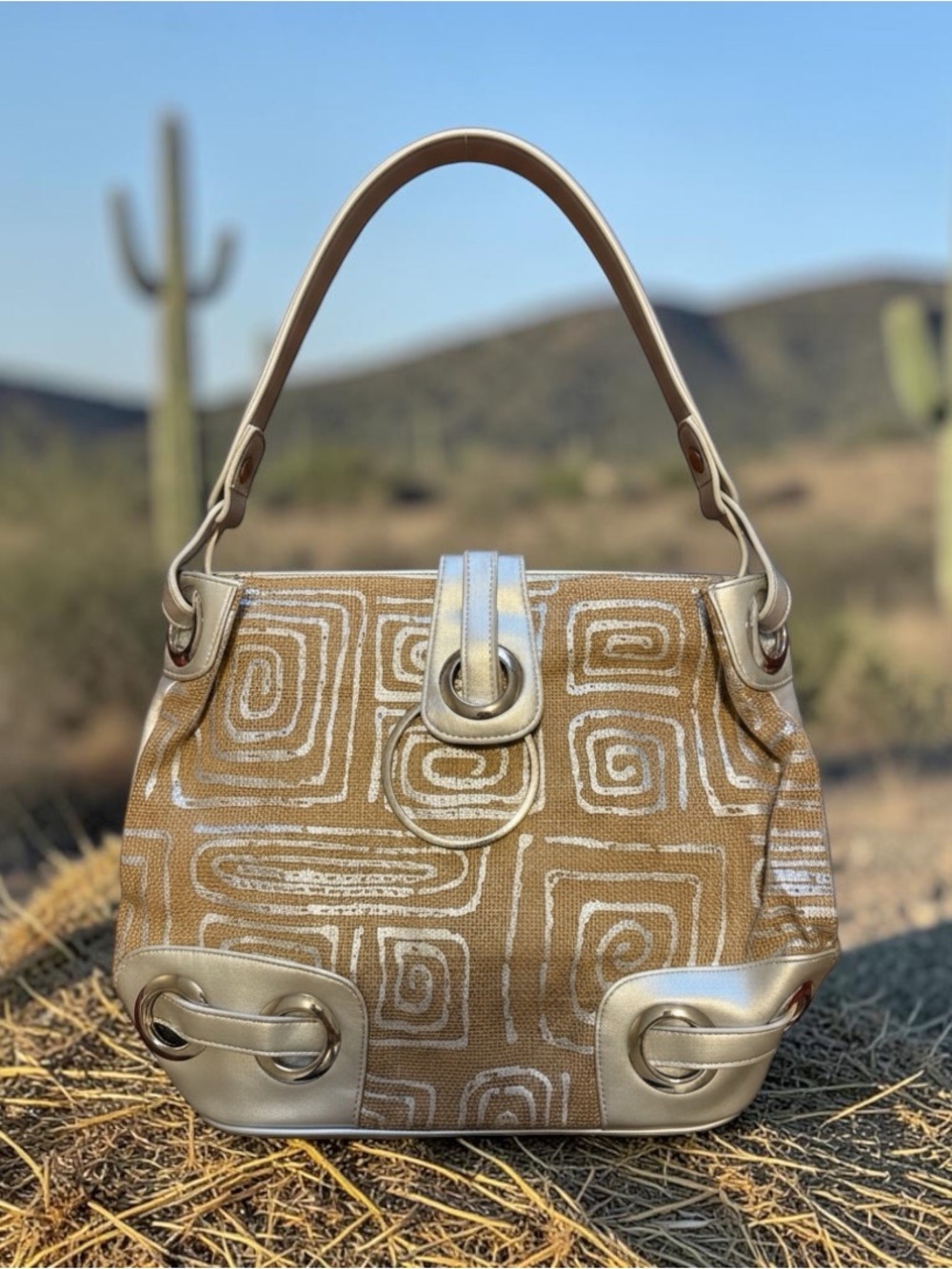 Neutral Tan Patterned Shoulder Bag with Metallic Accents